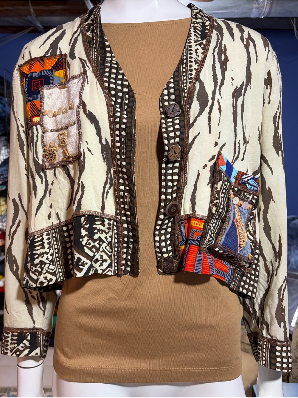 Surya Boho Patchwork Lined XS Cropped Jacket/Top - Brown & Cream